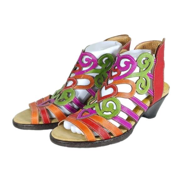 Socofy Women's US 10-10,5 EU 41 Multicolor Leather Cut-Out Strappy Sandals - Picture 1 of 16